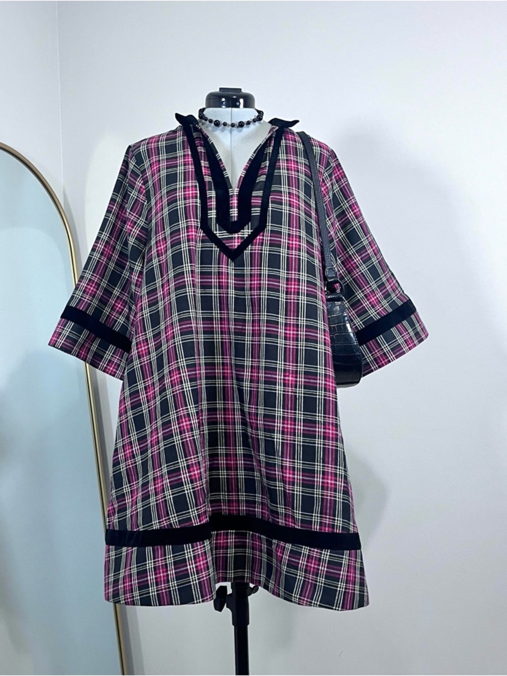 Entro Red Plaid Tunic Dress With Black Velvet Trim